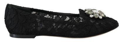 Dolce &amp; Gabbana schwarze flache Schuhe aus Taormina-Spitze mit Kristallen