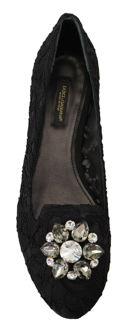 Dolce &amp; Gabbana schwarze flache Schuhe aus Taormina-Spitze mit Kristallen