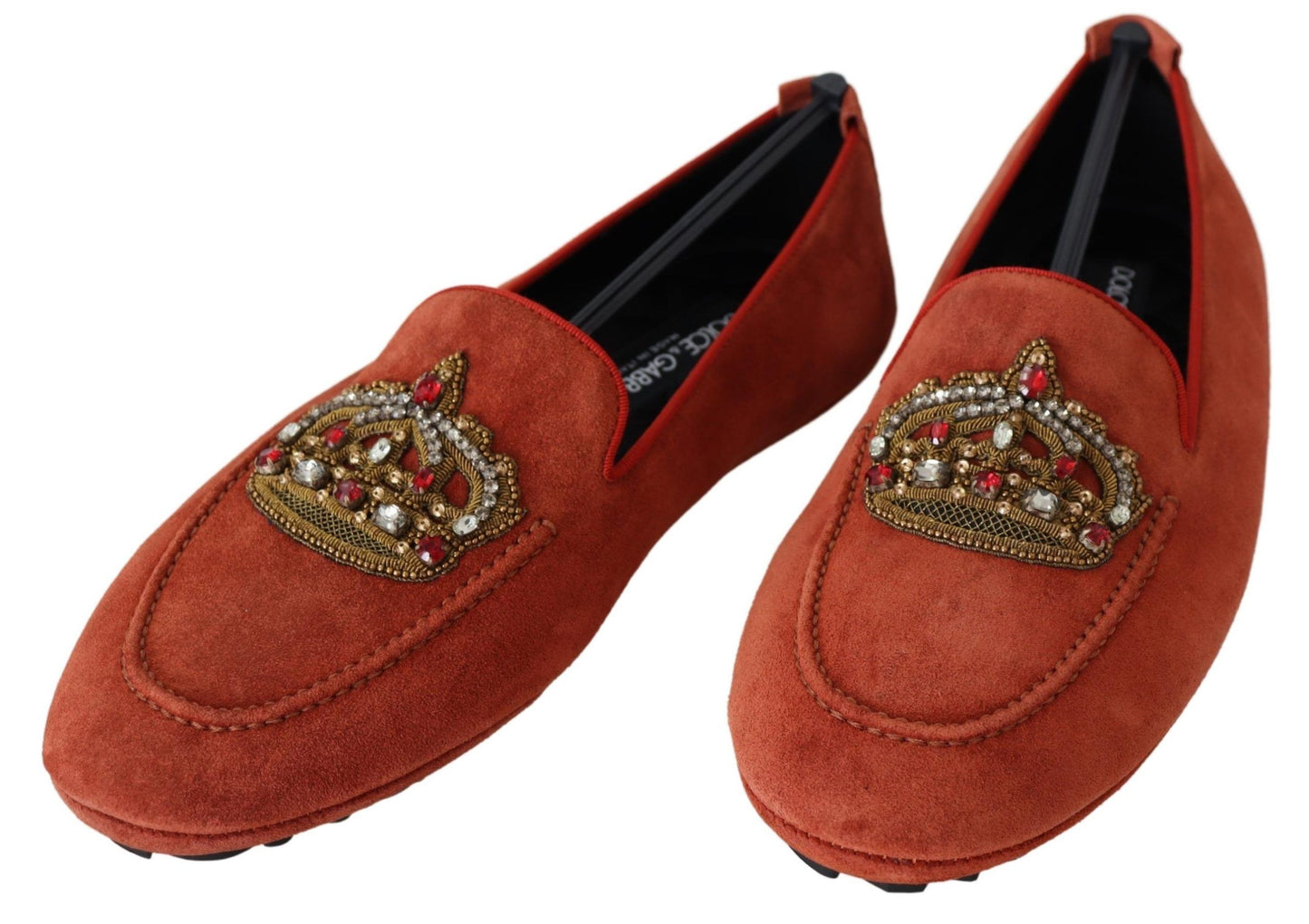 Dolce &amp; Gabbana Loafer-Schuhe aus orangefarbenem Leder mit Kristallkrone