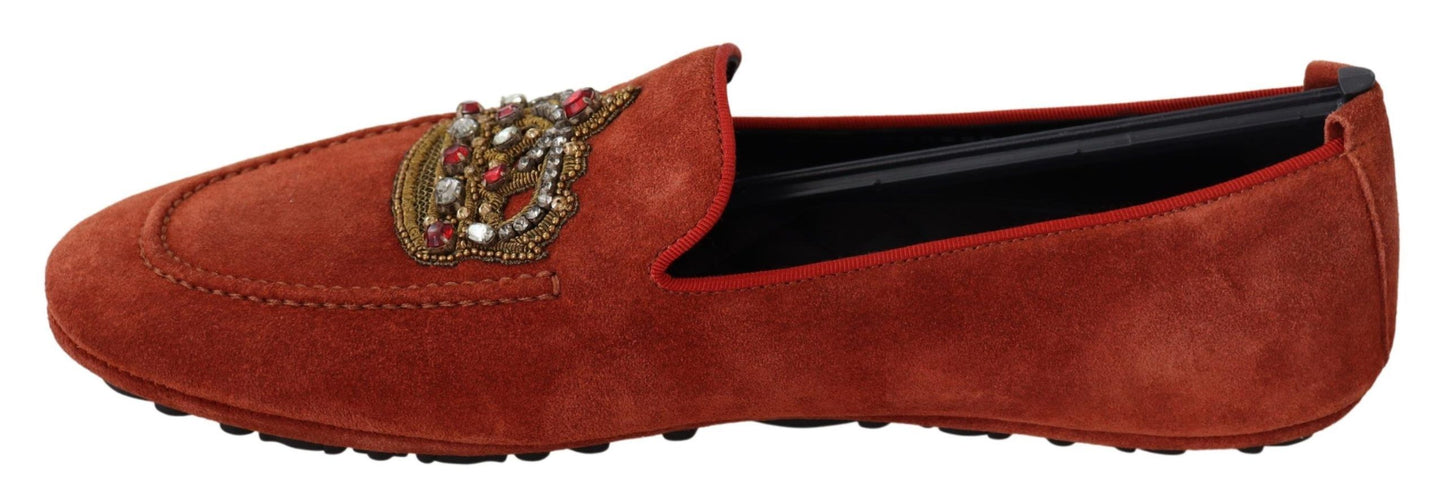 Dolce &amp; Gabbana Loafer-Schuhe aus orangefarbenem Leder mit Kristallkrone