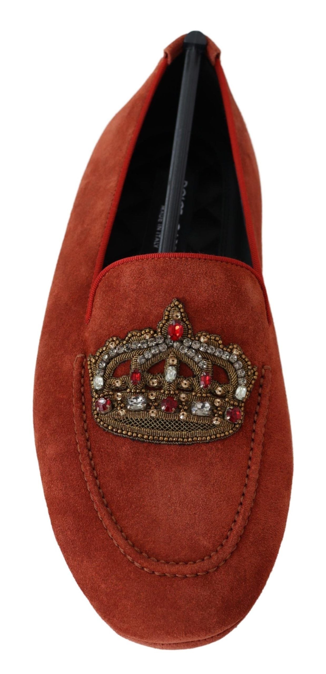 Dolce &amp; Gabbana Loafer-Schuhe aus orangefarbenem Leder mit Kristallkrone