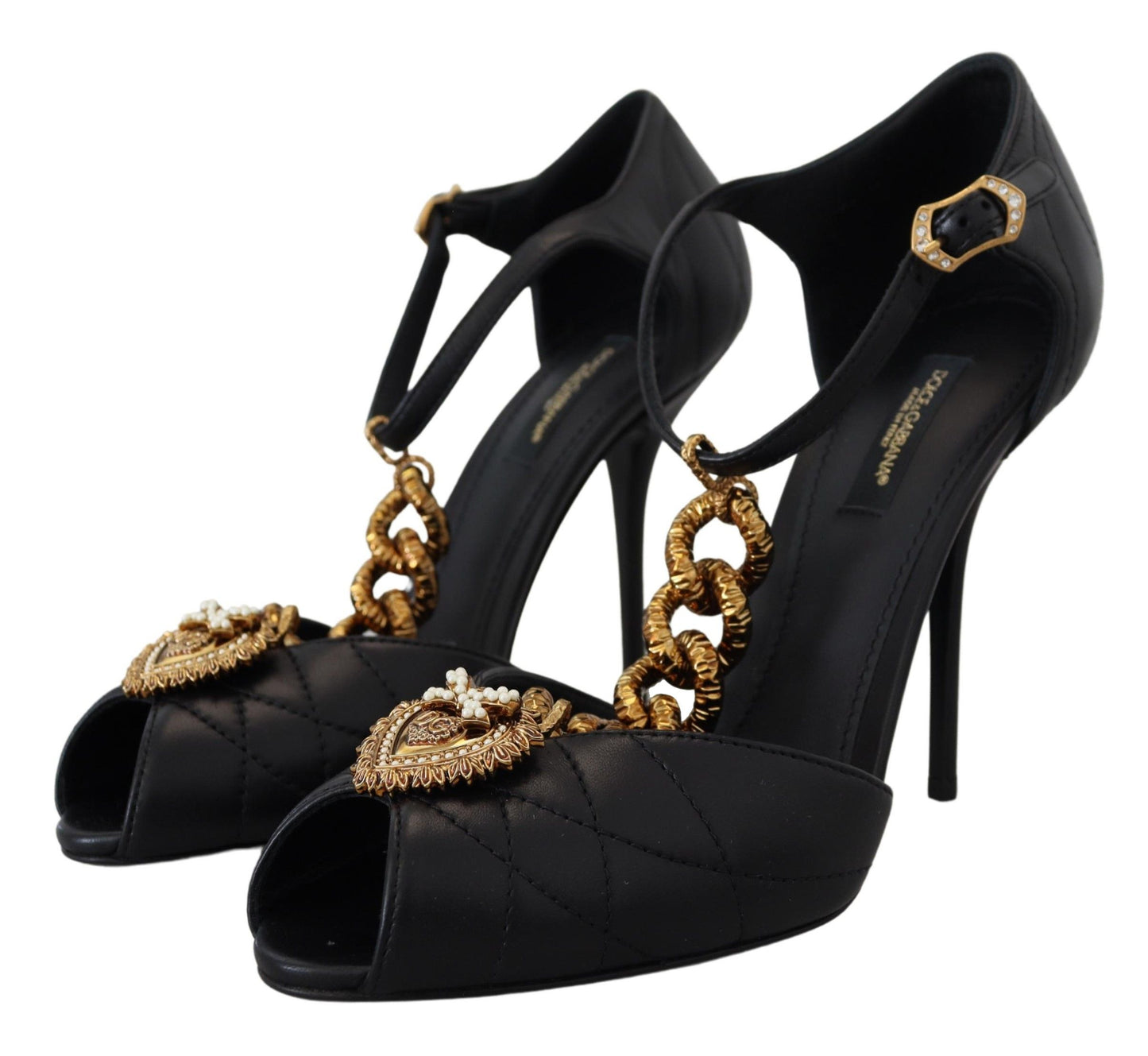 Dolce &amp; Gabbana schwarze Leder-Gold-Devotion-Herz-Sandalen-Schuhe