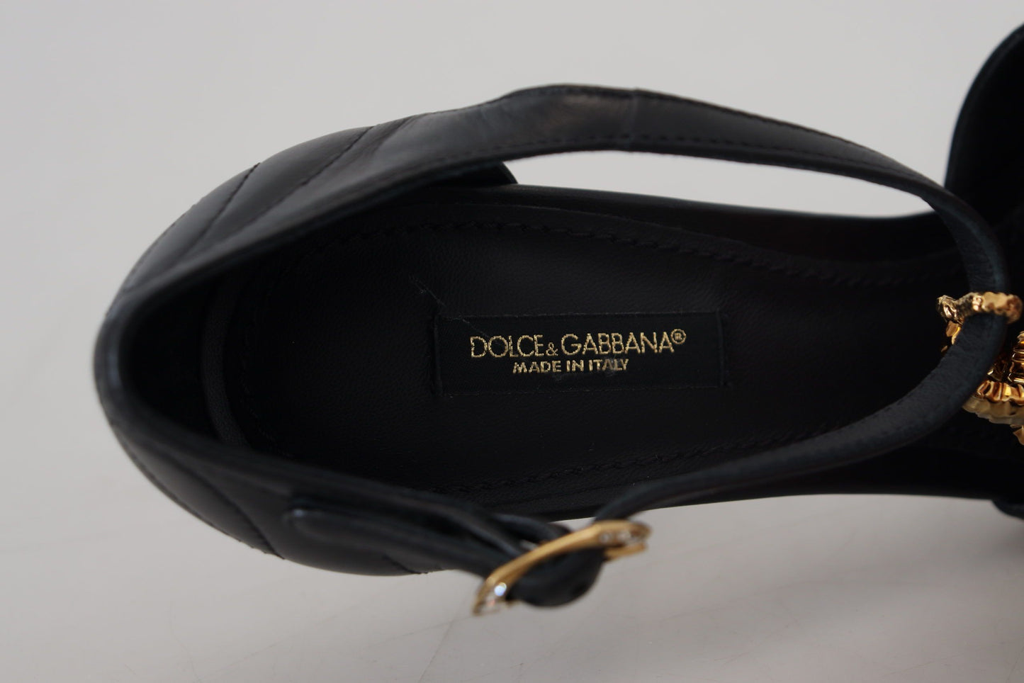 Dolce &amp; Gabbana schwarze Leder-Gold-Devotion-Herz-Sandalen-Schuhe