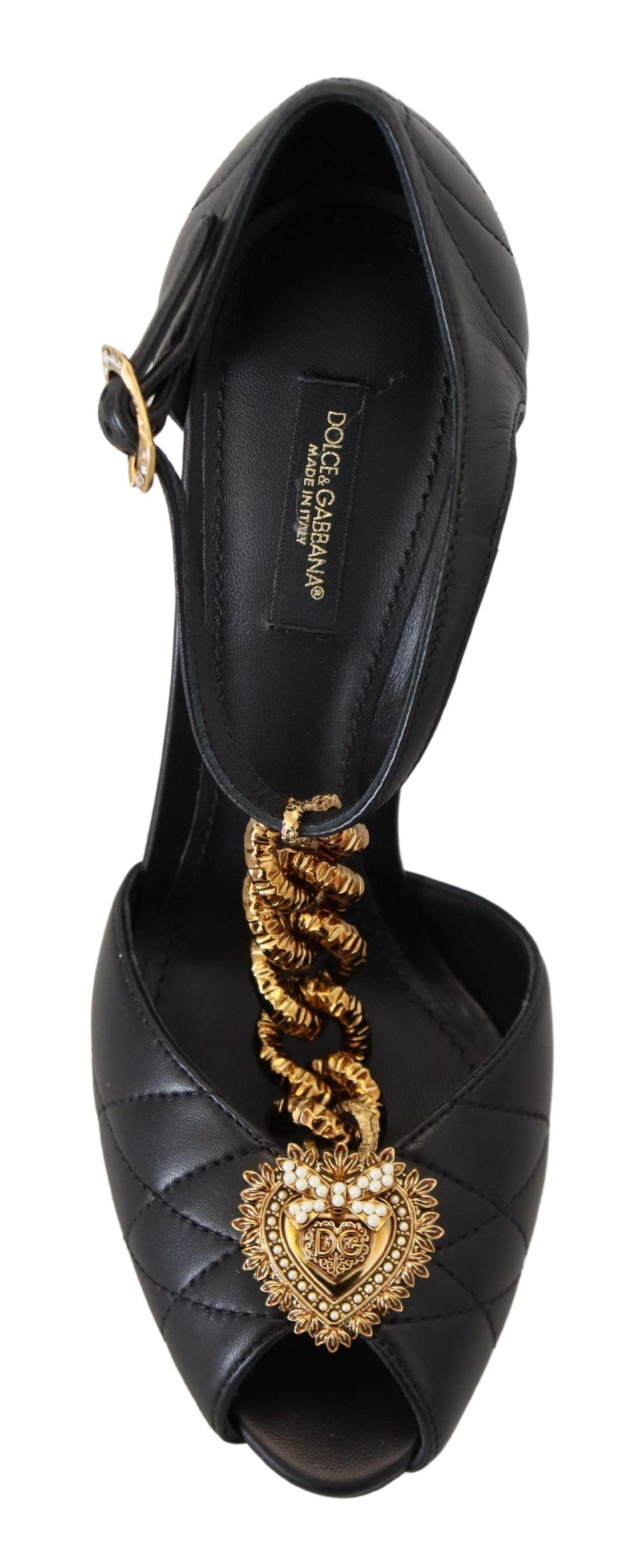 Dolce &amp; Gabbana schwarze Leder-Gold-Devotion-Herz-Sandalen-Schuhe