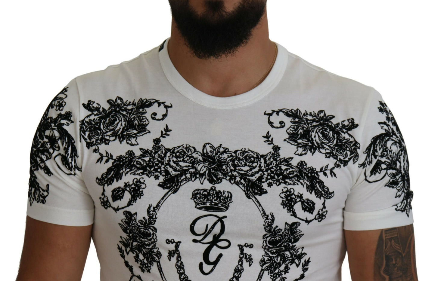 Dolce &amp; Gabbana Weißes DG Crown Floral Herren-T-Shirt mit Rundhalsausschnitt