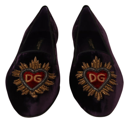 Dolce &amp; Gabbana Lila Samt DG Herz Loafers Flache Schuhe