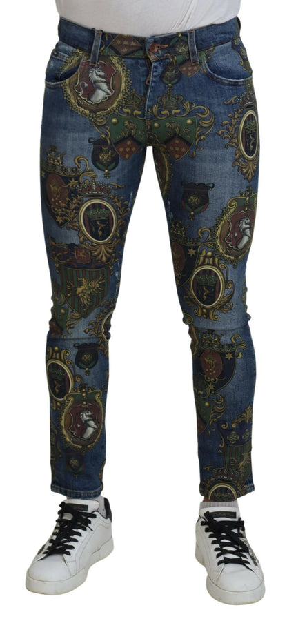 Dolce &amp; Gabbana Blaue Slim-Fit-Baumwolljeans mit Medal-Print