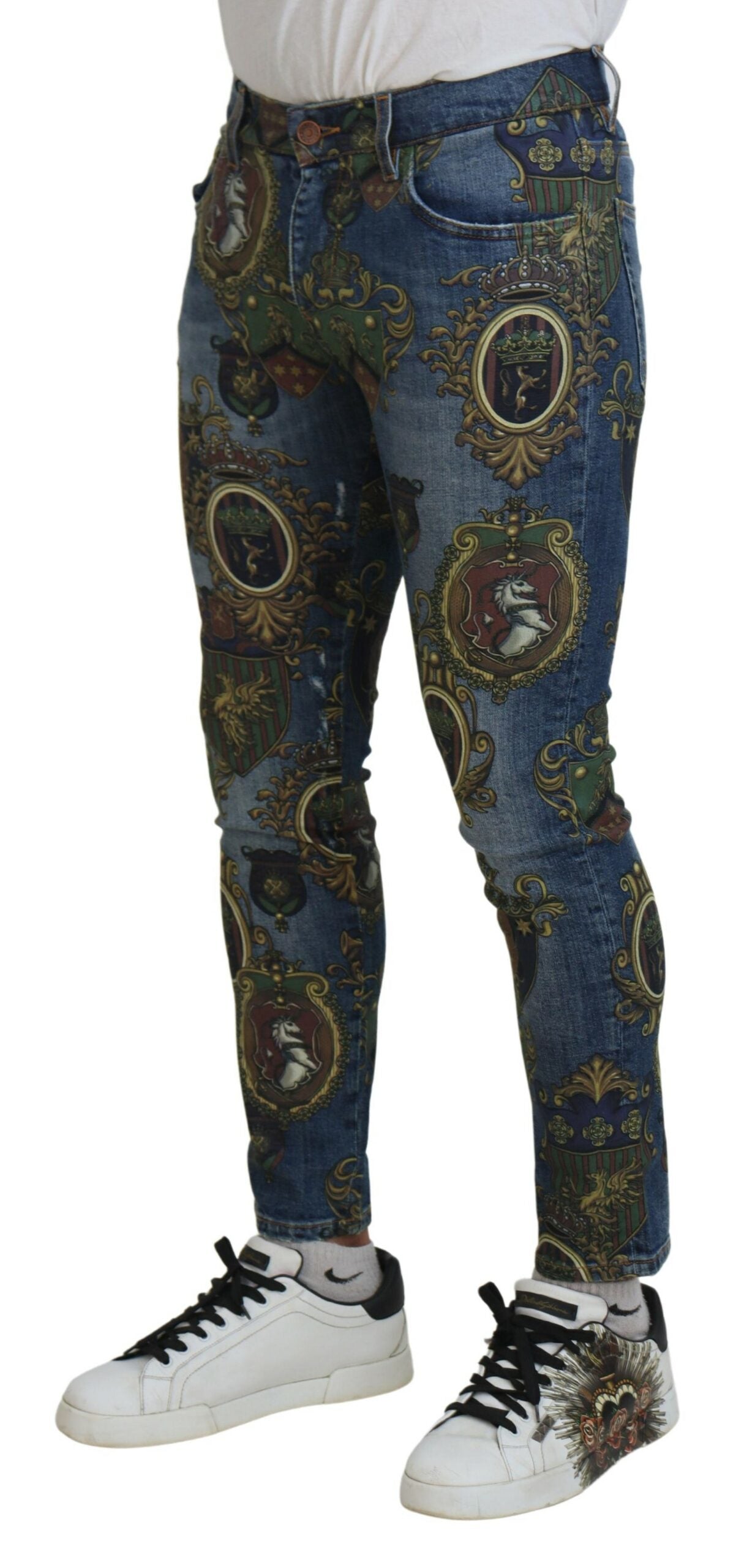 Dolce &amp; Gabbana Blaue Slim-Fit-Baumwolljeans mit Medal-Print