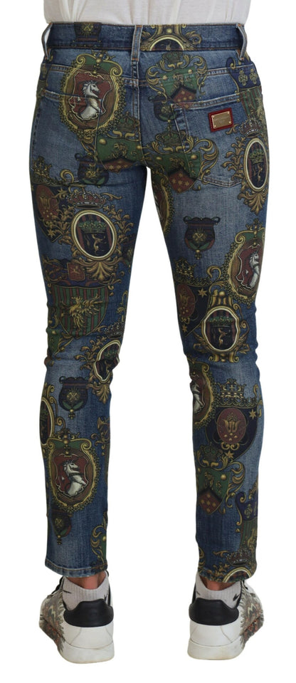 Dolce &amp; Gabbana Blaue Slim-Fit-Baumwolljeans mit Medal-Print