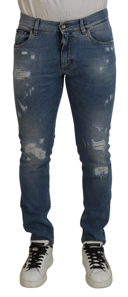 Blaue Slim-Fit-Jeans aus zerfetztem Baumwolldenim von Dolce &amp; Gabbana