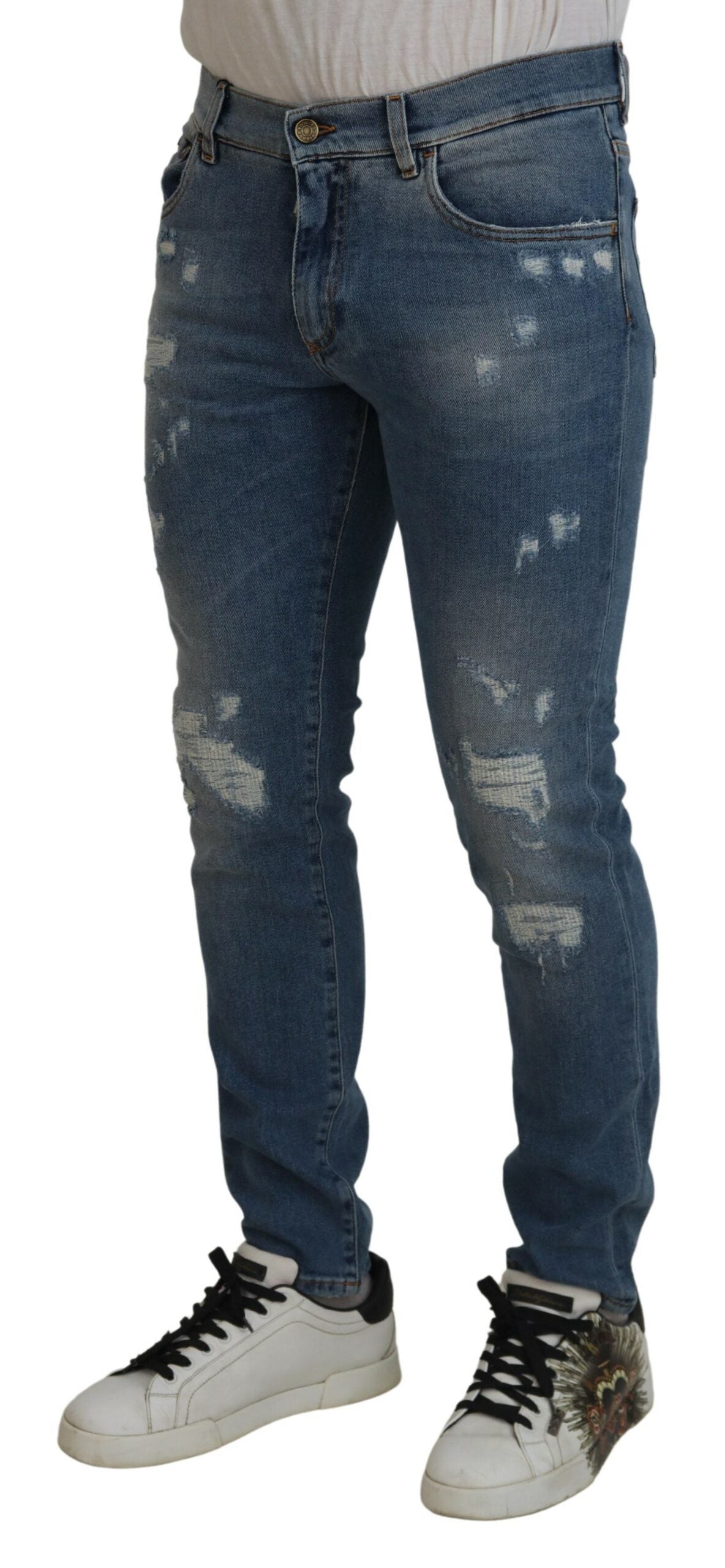 Blaue Slim-Fit-Jeans aus zerfetztem Baumwolldenim von Dolce &amp; Gabbana