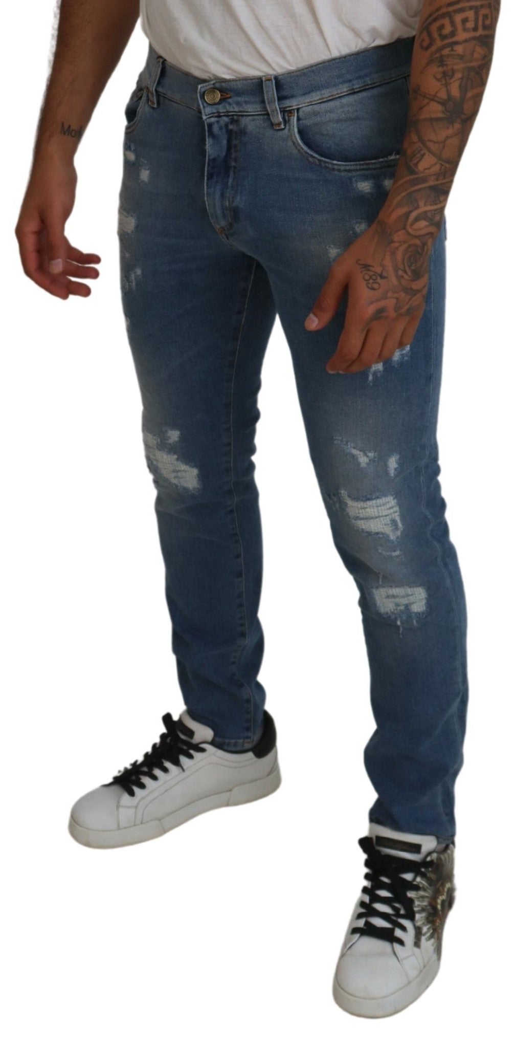 Blaue Slim-Fit-Jeans aus zerfetztem Baumwolldenim von Dolce &amp; Gabbana