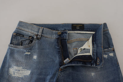 Blaue Slim-Fit-Jeans aus zerfetztem Baumwolldenim von Dolce &amp; Gabbana