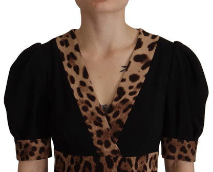 Dolce &amp; Gabbana Schwarzes, knielanges Kleid mit Leopardenmuster in A-Linie