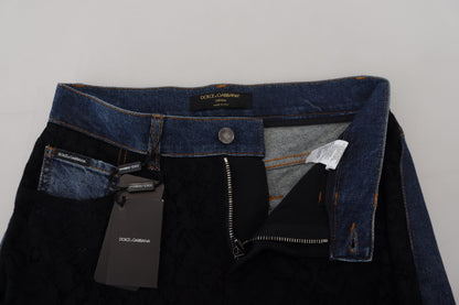 Dolce &amp; Gabbana – Schwarze Skinny-Denim-Jeans mit Blumenmuster und Spitzenfront