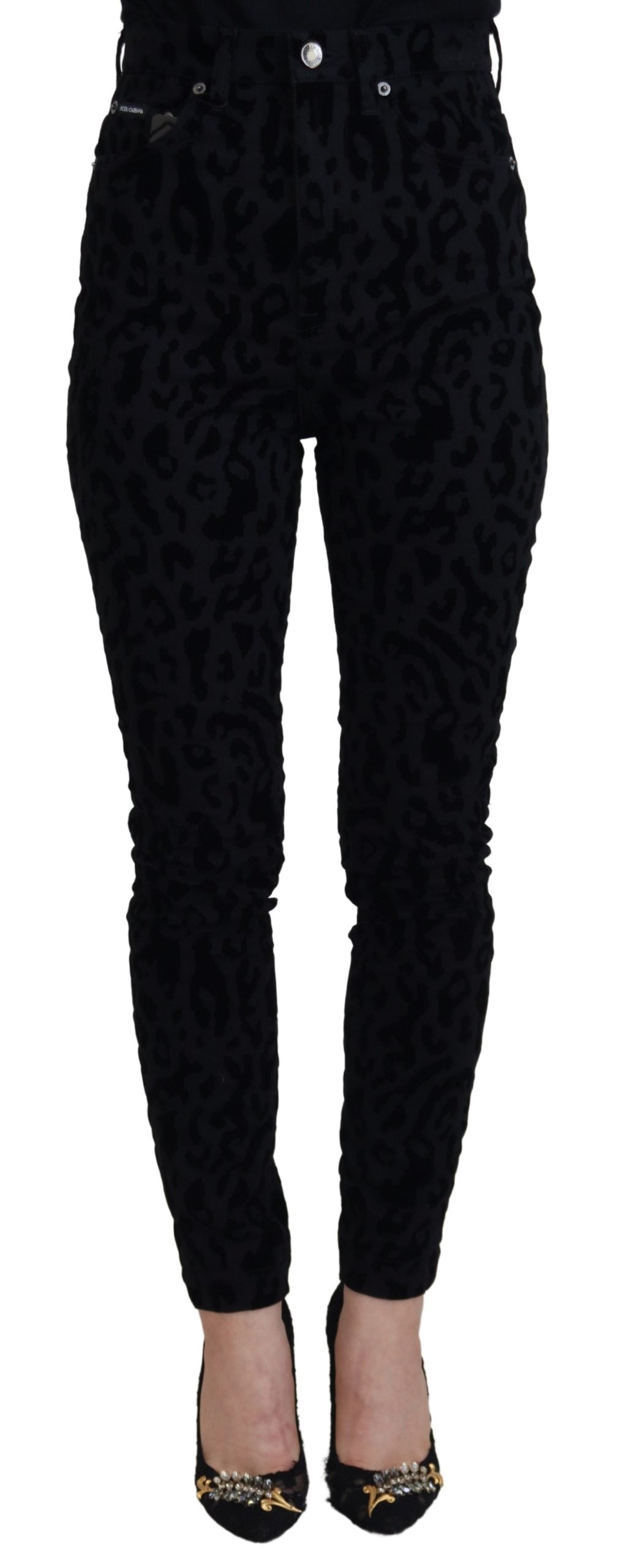 Schwarze Skinny-Denim-Jeans mit Leopardenmuster von Dolce &amp; Gabbana