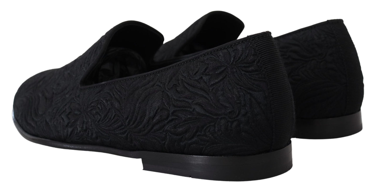 Dolce &amp; Gabbana Schwarze, florale Jacquard-Hausschuhe, Loafer-Schuhe