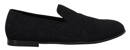 Dolce &amp; Gabbana Schwarze, florale Jacquard-Hausschuhe, Loafer-Schuhe