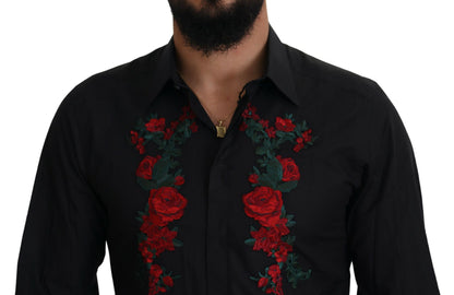 Dolce &amp; Gabbana Schwarzes, langärmliges GOLD-Hemd mit Blumenstickerei für Herren