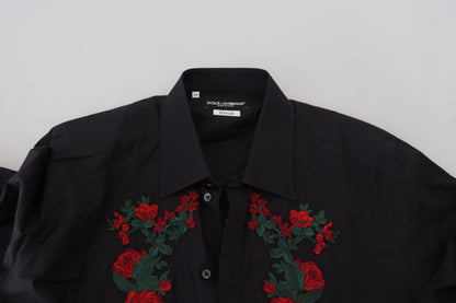 Dolce &amp; Gabbana Schwarzes, langärmliges GOLD-Hemd mit Blumenstickerei für Herren