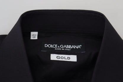 Dolce &amp; Gabbana Schwarzes, langärmliges GOLD-Hemd mit Blumenstickerei für Herren