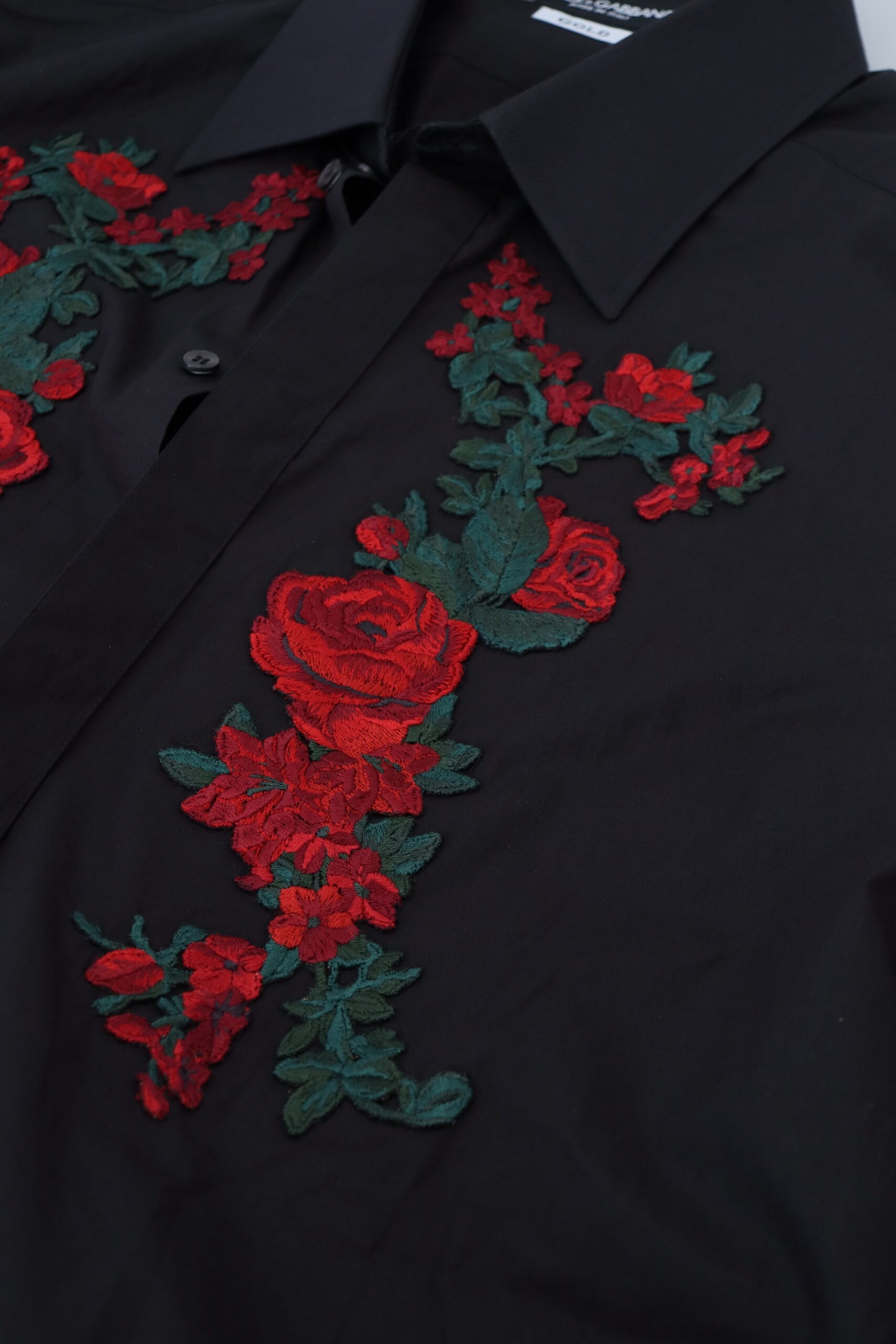 Dolce &amp; Gabbana Schwarzes, langärmliges GOLD-Hemd mit Blumenstickerei für Herren