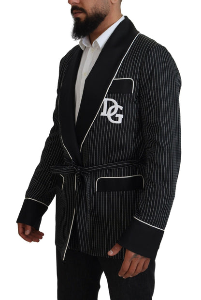 Dolce &amp; Gabbana Schwarzer Robe Gestreifter DG Patch Jacke Herren Blazer