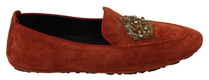 Dolce &amp; Gabbana Orange Leder Mokassins Crystal Crown Hausschuhe Schuhe