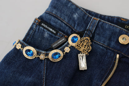 Dolce &amp; Gabbana Blaue, verzierte, gerade Denim-Baumwolljeans