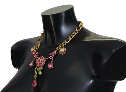 Dolce &amp; Gabbana Gold Messing Kette Kristall Blumen Rosen Schmuck Halskette