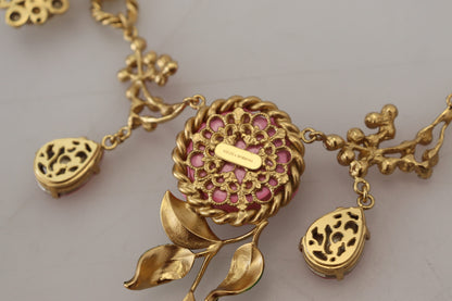 Dolce &amp; Gabbana Gold Messing Kette Kristall Blumen Rosen Schmuck Halskette