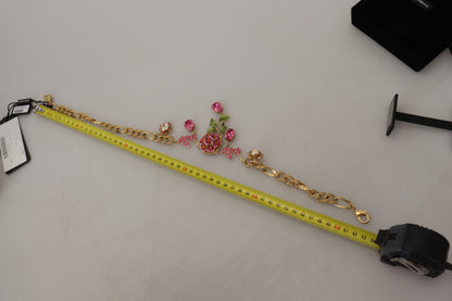 Dolce &amp; Gabbana Gold Messing Kette Kristall Blumen Rosen Schmuck Halskette