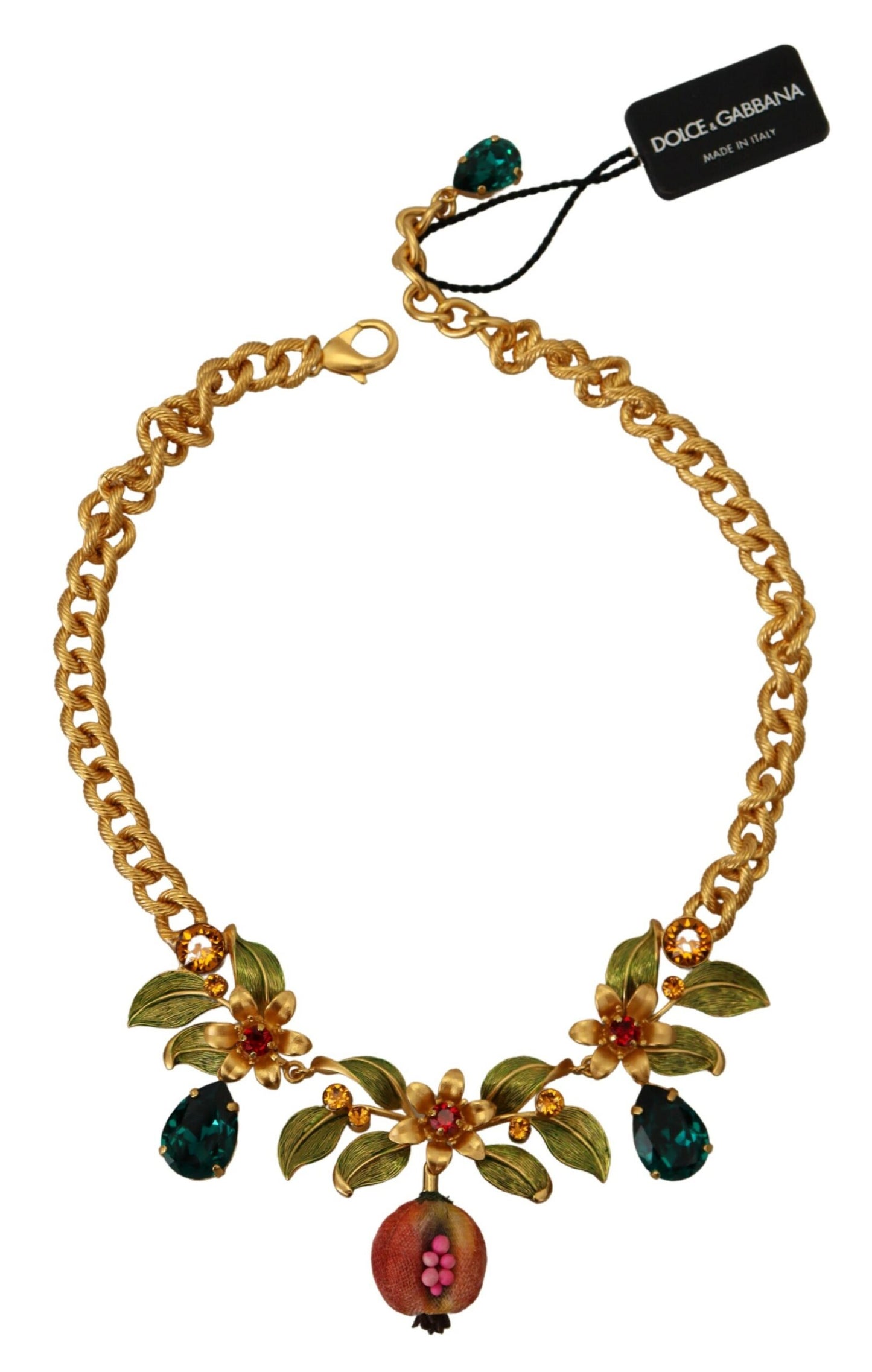 Dolce &amp; Gabbana Gold Messing Kristall Logo Fruit Floral Statement Halskette