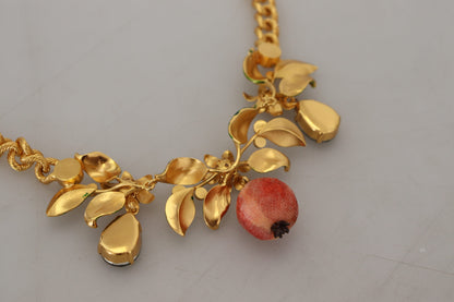 Dolce &amp; Gabbana Gold Messing Kristall Logo Fruit Floral Statement Halskette