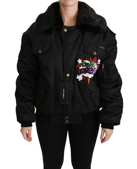 Dolce &amp; Gabbana – Schwarze Queen Crown-Bomberjacke mit Pailletten