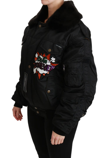 Dolce &amp; Gabbana – Schwarze Queen Crown-Bomberjacke mit Pailletten