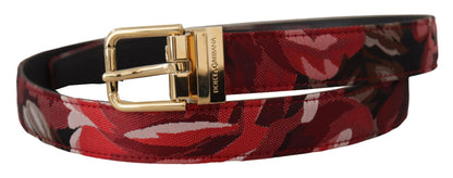 Dolce &amp; Gabbana Roter Jacquard-Gürtel aus rosafarbenem Leder mit goldener Metallschnalle