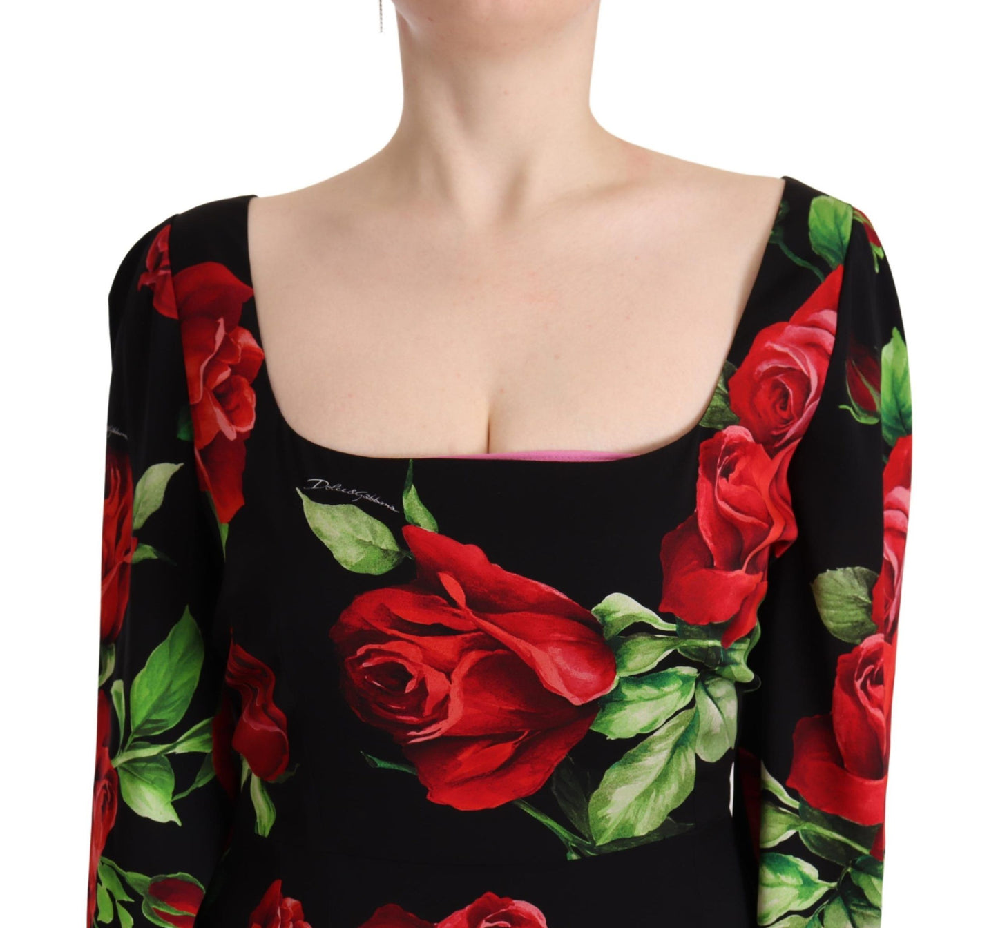 Dolce &amp; Gabbana Etuikleid aus Stretch-Seide mit schwarzen roten Rosen