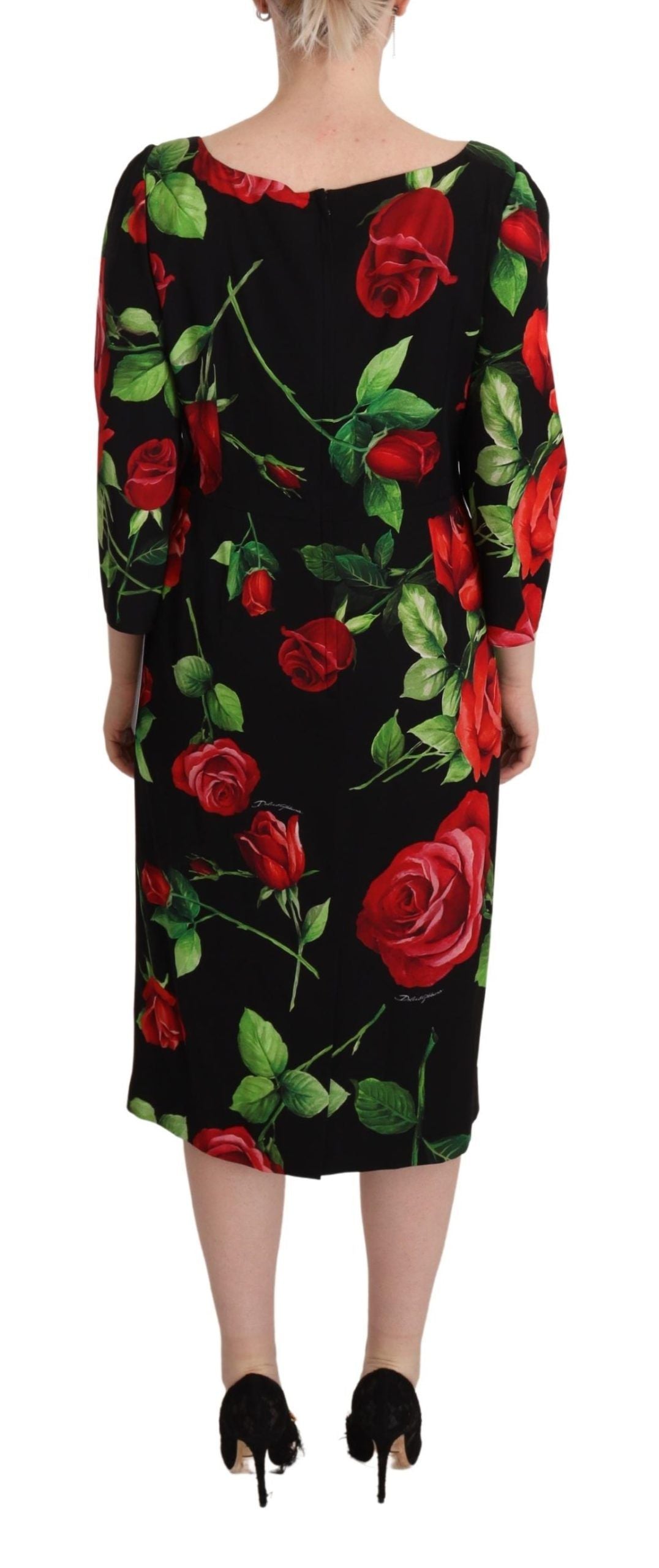 Dolce &amp; Gabbana Etuikleid aus Stretch-Seide mit schwarzen roten Rosen