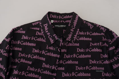 Dolce &amp; Gabbana Schwarz-Lila-Logo-Schlankes formelles Hemd