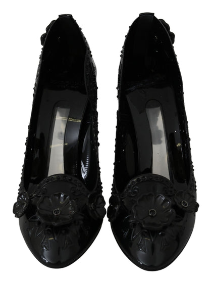 Dolce &amp; Gabbana schwarze CINDERELLA-Absatzschuhe mit Blumenkristall und Kristallen