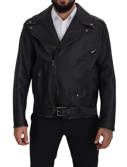 Dolce &amp; Gabbana Schwarze Leder-Bikermantel-Reißverschlussjacke