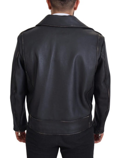 Dolce &amp; Gabbana Schwarze Leder-Bikermantel-Reißverschlussjacke