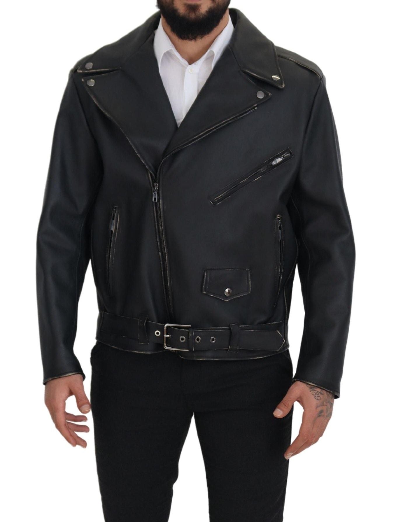 Dolce &amp; Gabbana Schwarze Leder-Bikermantel-Reißverschlussjacke