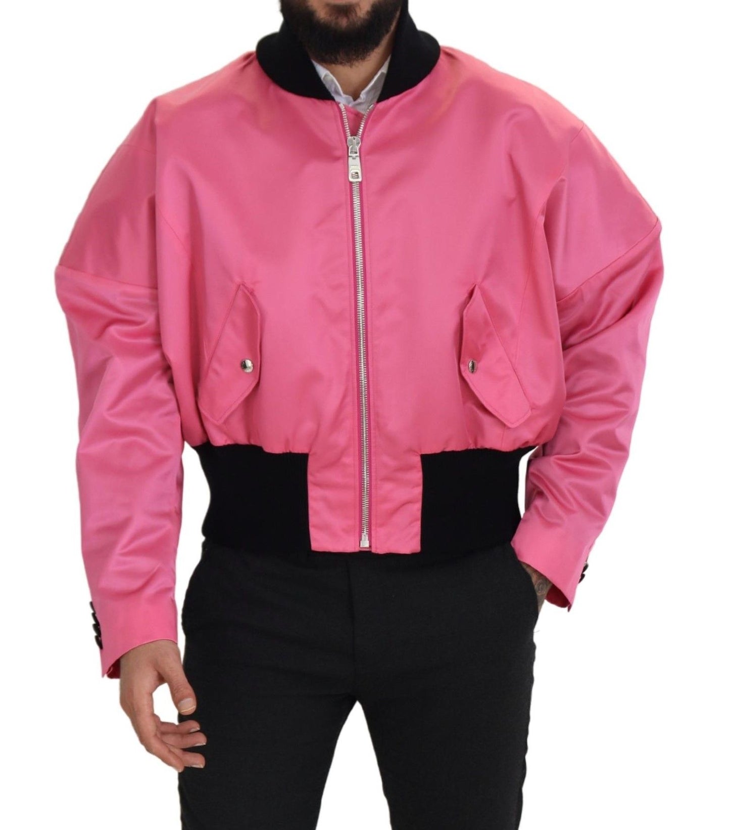 Dolce &amp; Gabbana Nylon Pink Herren-Bomberjacke mit durchgehendem Reißverschluss