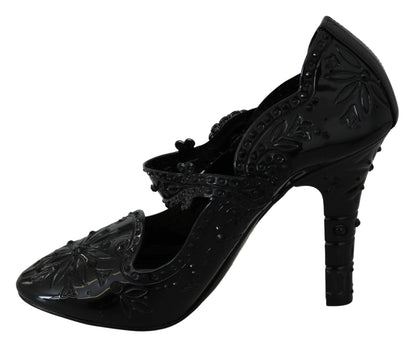 Dolce &amp; Gabbana schwarze CINDERELLA-Absatzschuhe mit Blumenkristall und Kristallen