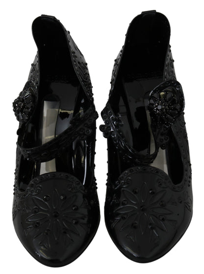 Dolce &amp; Gabbana schwarze CINDERELLA-Absatzschuhe mit Blumenkristall und Kristallen