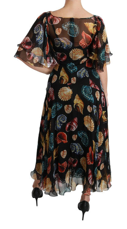 Dolce &amp; Gabbana Maxi-Midi-Seidenkleid in A-Linie mit schwarzen Muscheln