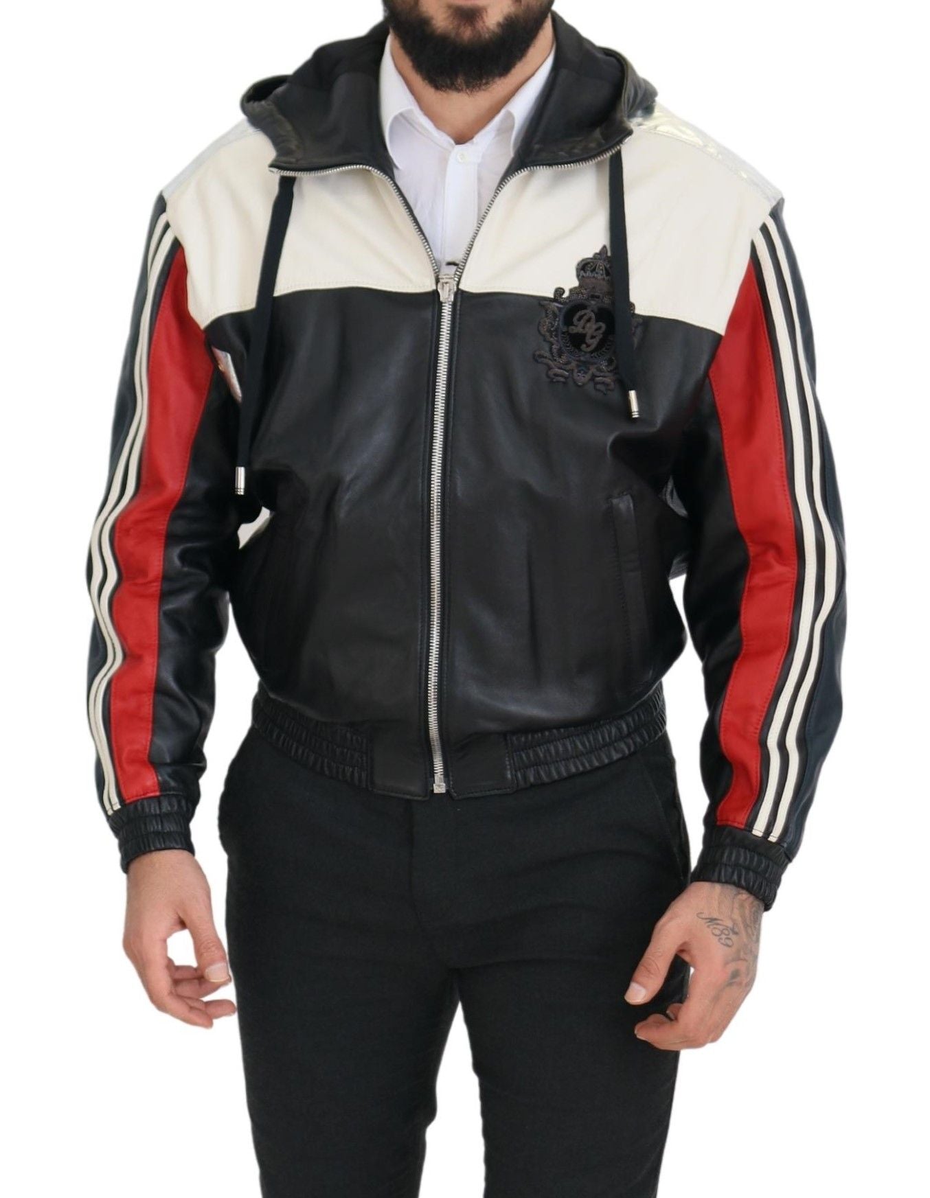 Dolce &amp; Gabbana Blouson-Manteljacke aus schwarzem Leder mit Kapuze