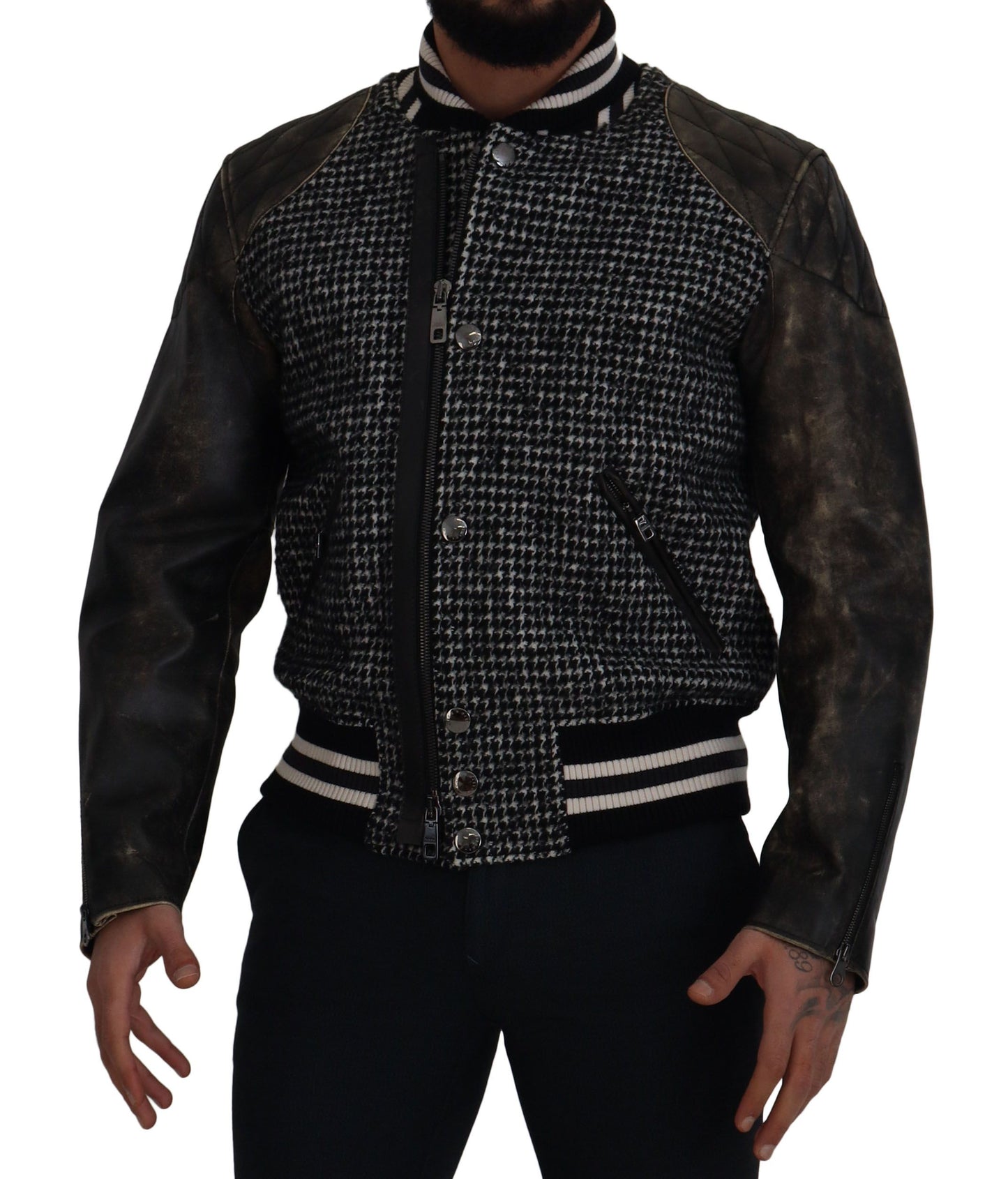 Schwarze Bomberjacke aus Polyester mit Hahnentrittmuster von Dolce &amp; Gabbana